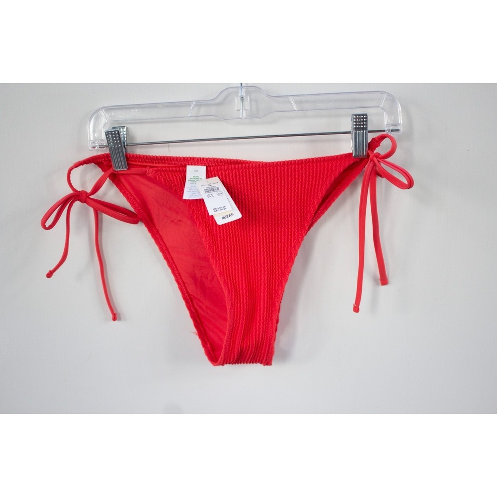 NEW WITH TAGS Aerie Crinkle Cheekiest Tie Bikini Bottom Resort Red Size Large